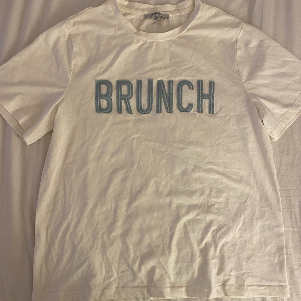 White and Blue ‘Brunch’ T-shirt Size M - Picture 2 of 4